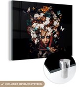 MuchoWow® Glasschilderij 80x60 cm - Schilderij acrylglas - Bloemen - Vlinder - Vrouwen - Hoofddoek - Foto op glas - Schilderijen