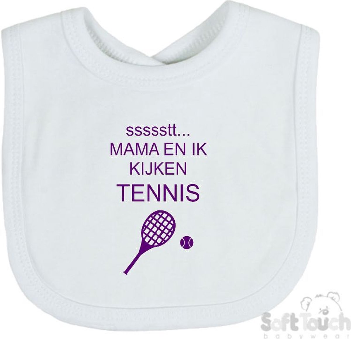 Goedkoopste Soft Touch Slabber Slabbetje Slab ssssstt... Mama en ik kijken tennis Unisex Katoen Wit/paars Maat 33x22 Cm