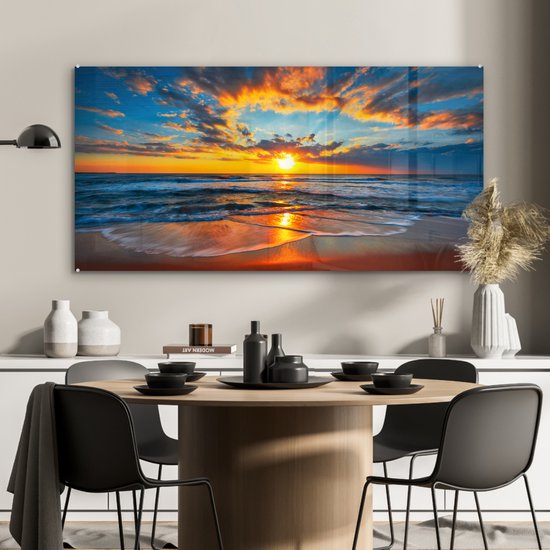 Tableau sur Verres - Tableau sur verre - Coucher de soleil - Horizon - Mer - Nuages - Décoration murale - Tableau mer - Photo sur verre - Verre acrylique - 120x60 cm - Décoration murale