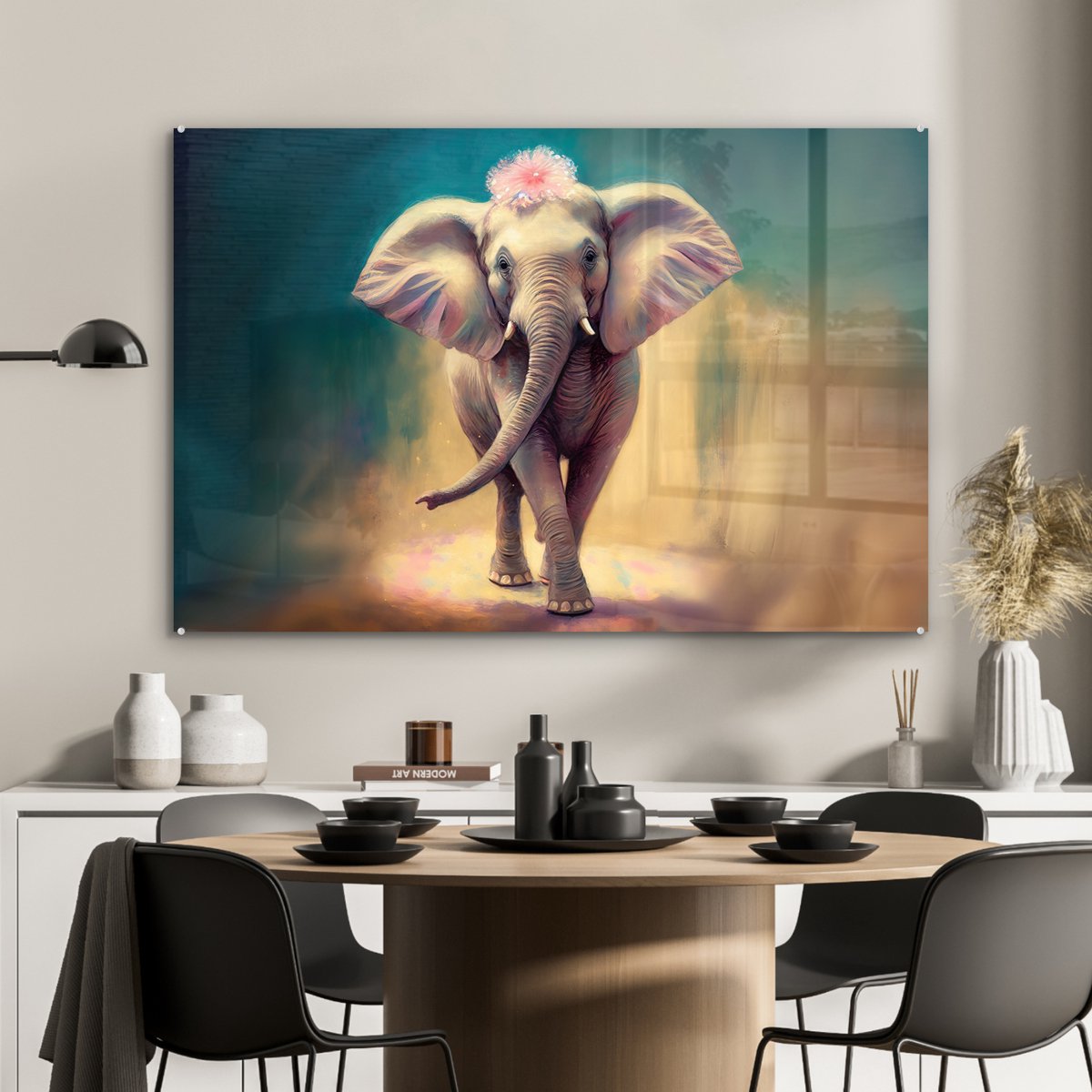 MuchoWow® Glasschilderij 90x60 cm - Schilderij acrylglas - Olifant - Dieren - Verf - Bloemen - Portret - Kinderen - Foto op glas - Schilderijen