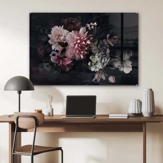 Peinture sur verre fleurs - Vintage - Pastel - Zwart - Bouquet - Peinture sur verre - Salon - 120x80 cm - Décoration fleurs - Décoration chambre - Décoration murale