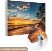 Glasschilderij - Schilderij zee - Strand - Horizon - Palmboom - Zee - Landschap - 30x20 cm - Acrylglas - Kamer decoratie - Foto op glas - Glazen schilderij