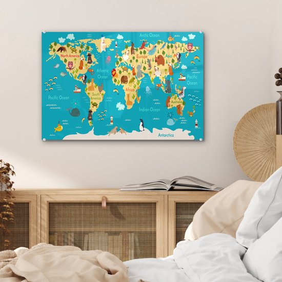 MuchoWow® Tableau sur verre 60x40 cm - Tableau sur verre acrylique - Wereldkaart - Enfants - Animaux - Jaune - Blauw - Garçons - Filles - Photo sur verre - Décoration murale salon - Décoration murale chambre - Peintures