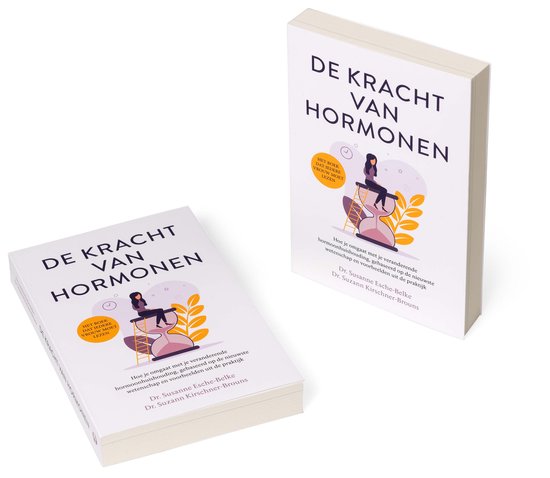 Twee exemplaren van het boek 'De kracht van hormonen' op een witte achtergrond. Eén boek is open en toont illustraties en tekst.