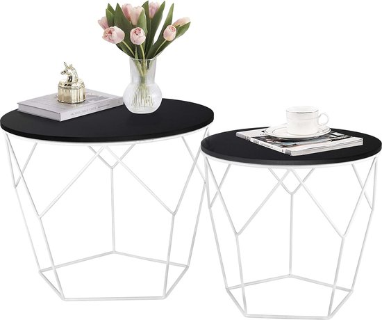 Set van 2 salontafels - Marmerlook - Met metalen frame en plank - Moderne salontafel voor woonkamer en slaapkamer (zwart ovaal