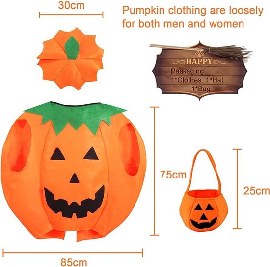 Costume Halloween Citrouille Avec Sac à Bonbons - Unisexe Adulte Et Enfant - Polyester, Couleur Orange Vif - Pour Fêtes Et Collecte De Bonbons - 5