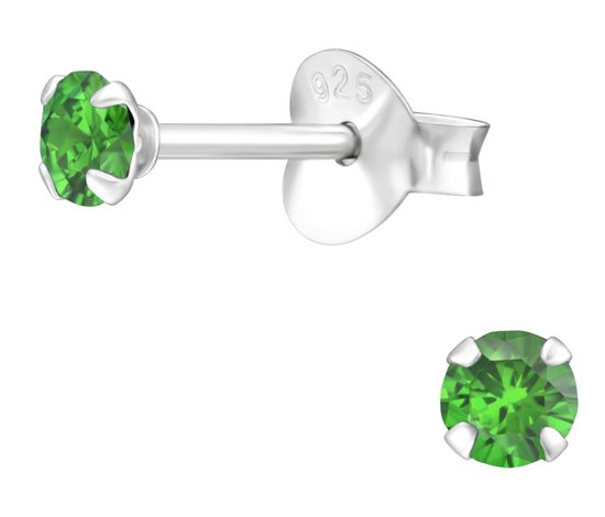 Joy|S - Zilveren oorbellen rond - 3 mm - zirkonia groen - oorknopjes