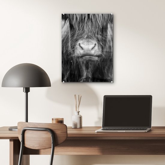 MuchoWow® Tableau sur verre 30x40 cm - Tableau sur verre acrylique - Highlander écossais - Vache - Zwart - Wit - Animaux - Photo sur verre - Décoration murale salon - Décoration murale chambre - Peintures