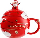 Kerstbeker, keramische koffiemok, kerstbeker met deksel, lepel, kerstman, keramische koffiemok, 400 ml, nieuwigheid kerstmok, theekop voor koffie, thee, melk, Xmas, verjaardagscadeau (rood)