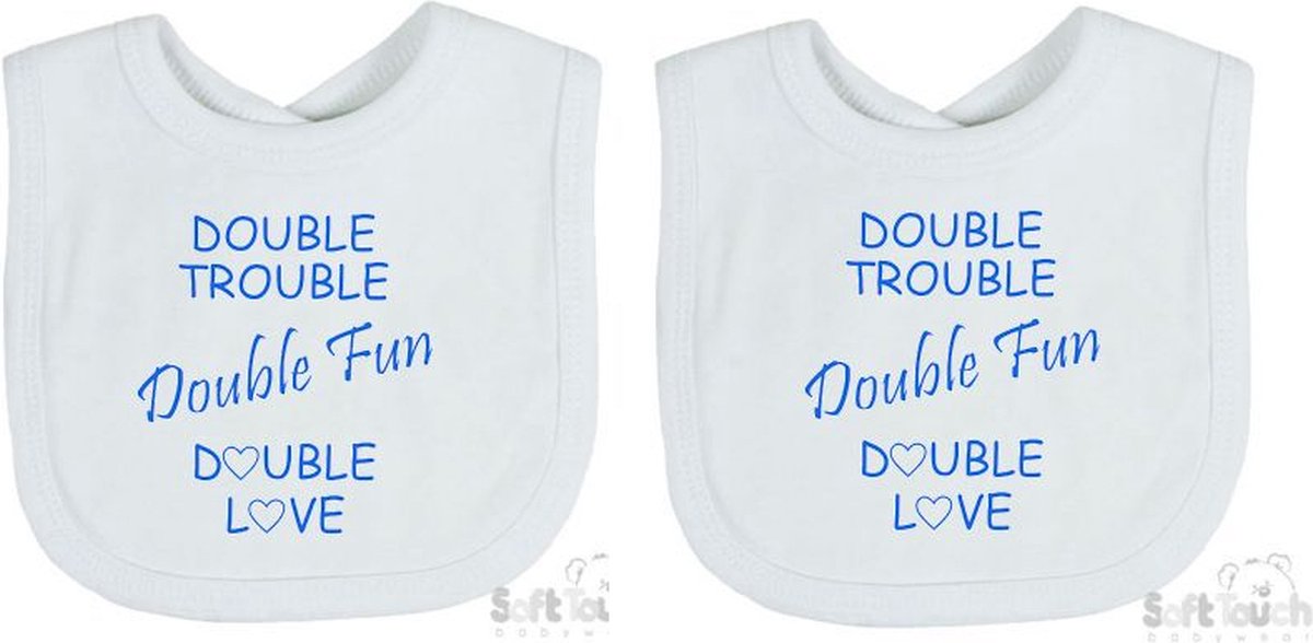 Goedkoopste Soft Touch 2-pack Slabber Slabbetje Slab Double trouble Double fun Double love Unisex Tweeling Katoen Wit/blauw Maat 33x22 Cm