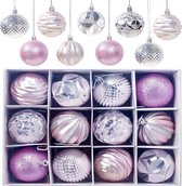 Kerstballen, 12 stuks kerstballen, kerstboomversiering, mat, glanzend, glinsterende kerstballen met een diameter van 6 cm, roze