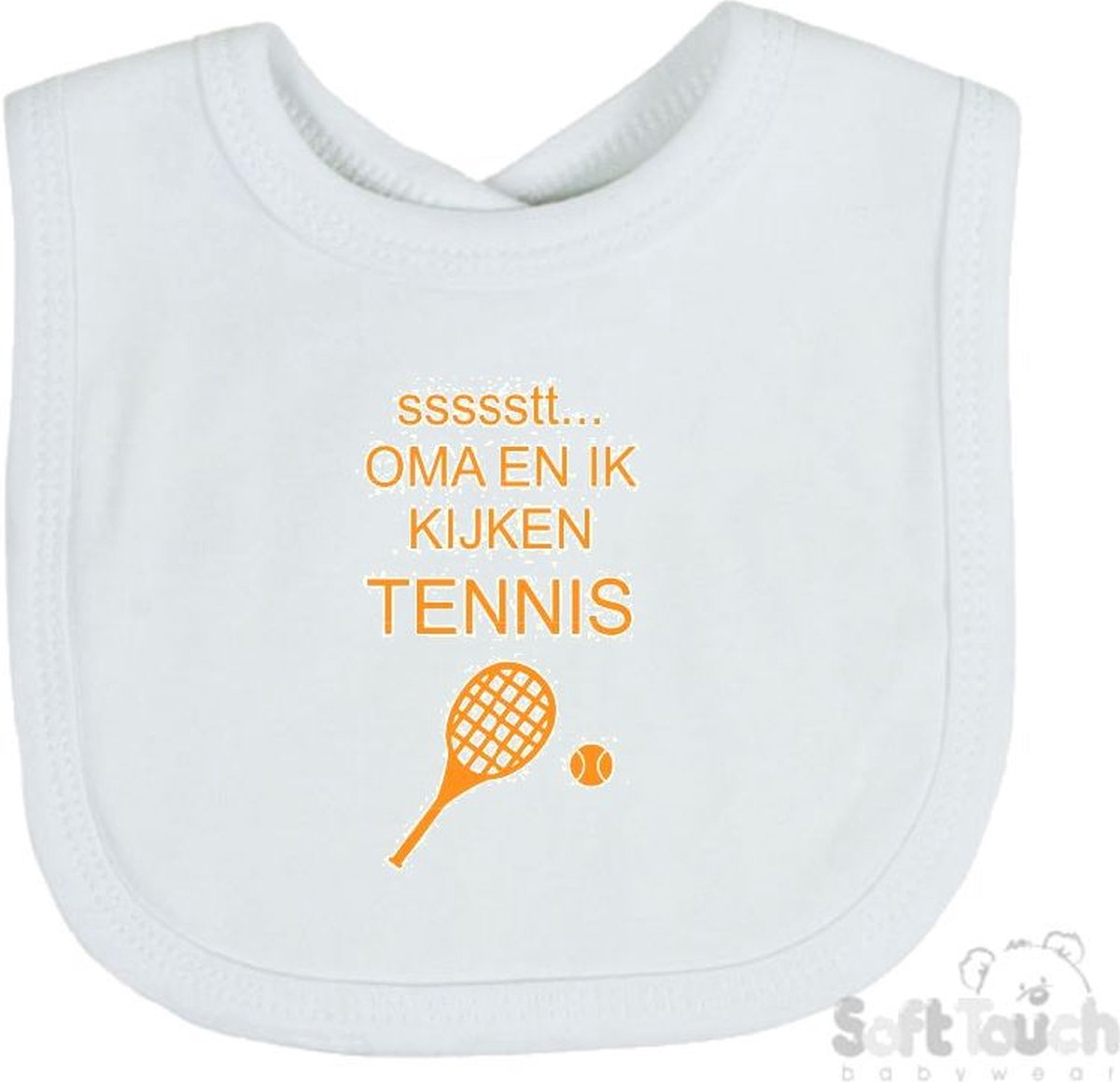 Goedkoopste Soft Touch Slabber Slabbetje Slab ssssstt... Oma en ik kijken tennis Unisex Katoen Wit/mosterd Maat 33x22 Cm