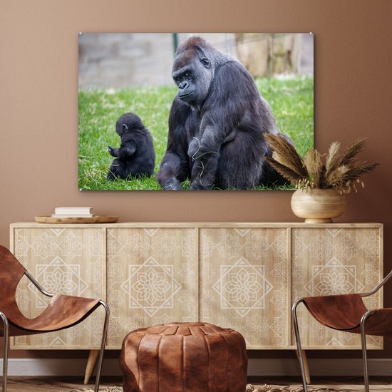 Un grand Gorilla avec son bébé en plexiglas 120x80 cm - Tirage photo sur Glas (décoration murale en plexiglas)