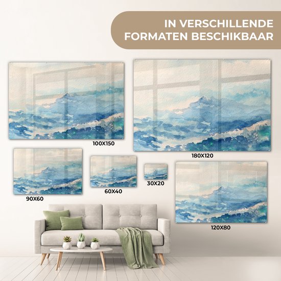 MuchoWow® Peinture sur verre 150x100 cm - Peinture acrylique sur verre - Illustration aquarelle abstraite de vagues - Photo sur verre - Peintures
