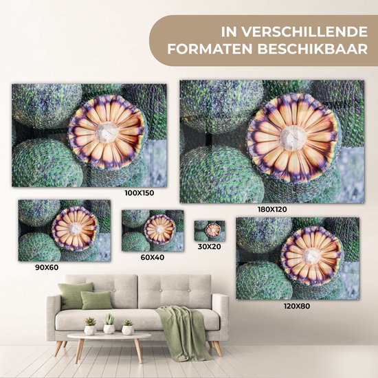 Collage van Braziliaans fruit prints op glas in verschillende formaten: 100x150, 180x120, 90x60, 60x40, 30x20, 120x80.