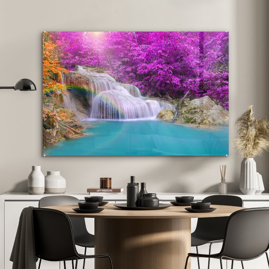 MuchoWow® Peinture sur verre 120x80 cm - Peinture sur verre acrylique - Cascade - Arbres - Arc-en-ciel - Violet - Photo sur verre - Peintures