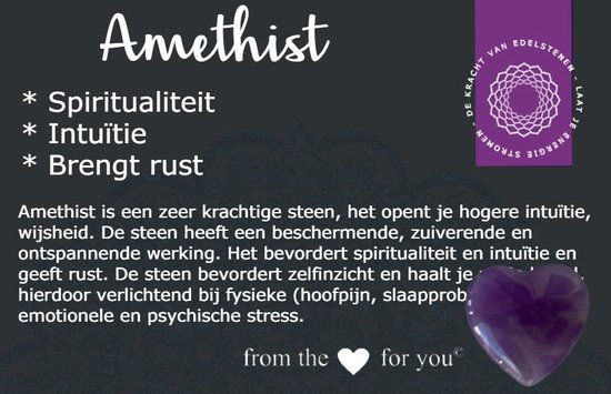 Edelsteen hart Amethist - 2cm groot - cadeautje - krachtige steen - mét betekeniskaartje - in cellofaan gift zakje