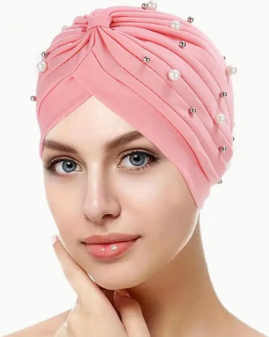Hoofddoek tulband parels roze - tulband parels - hoofddeksel - islam - chemo