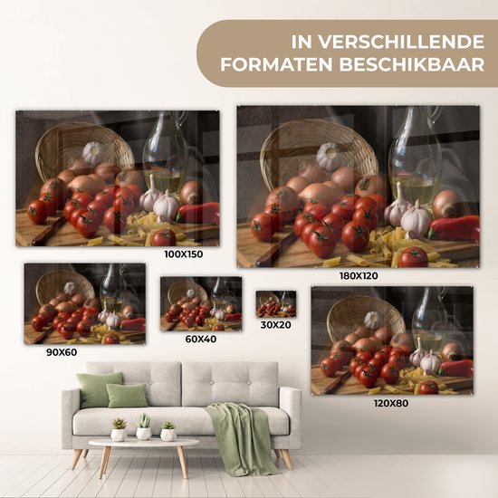 MuchoWow® Peinture sur verre 150x100 cm - Peinture sur verre acrylique - Planche à découper - Légumes - Nature morte - Pâtes - Off - Tomate - Planche à découper - Photo sur verre - Peintures