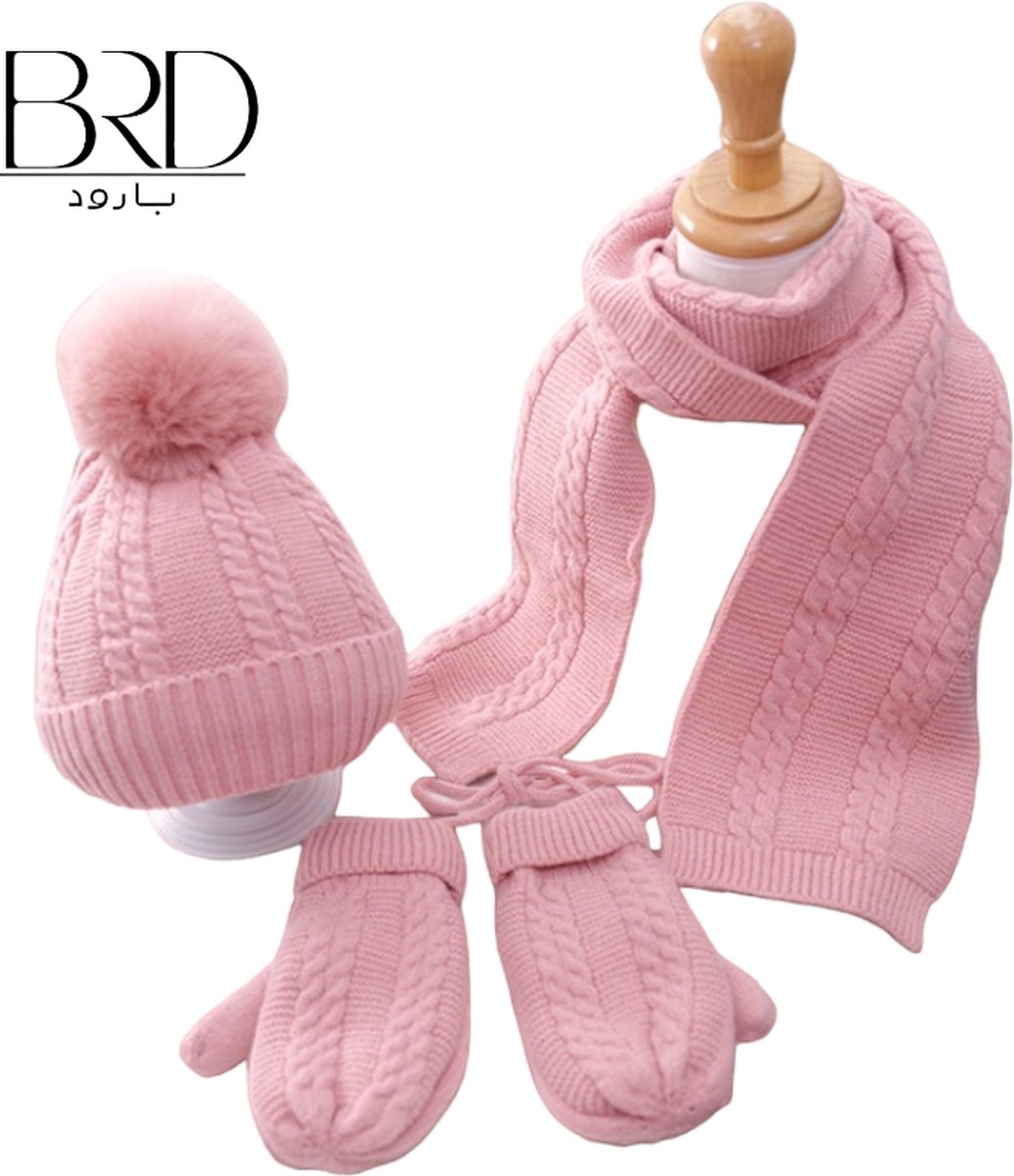 BRD Winter® set voor kinderen Roze - gevoerde muts, sjaal en handschoenen wanten met touw - kind winterset gebreid gevoerd met pompon - 3 delige set