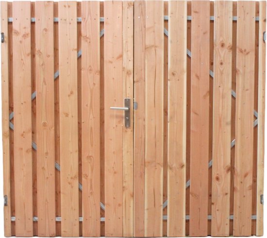 Dubbele Douglas tuinpoort met stalen frame, cilinderslot en metalen handgreep.