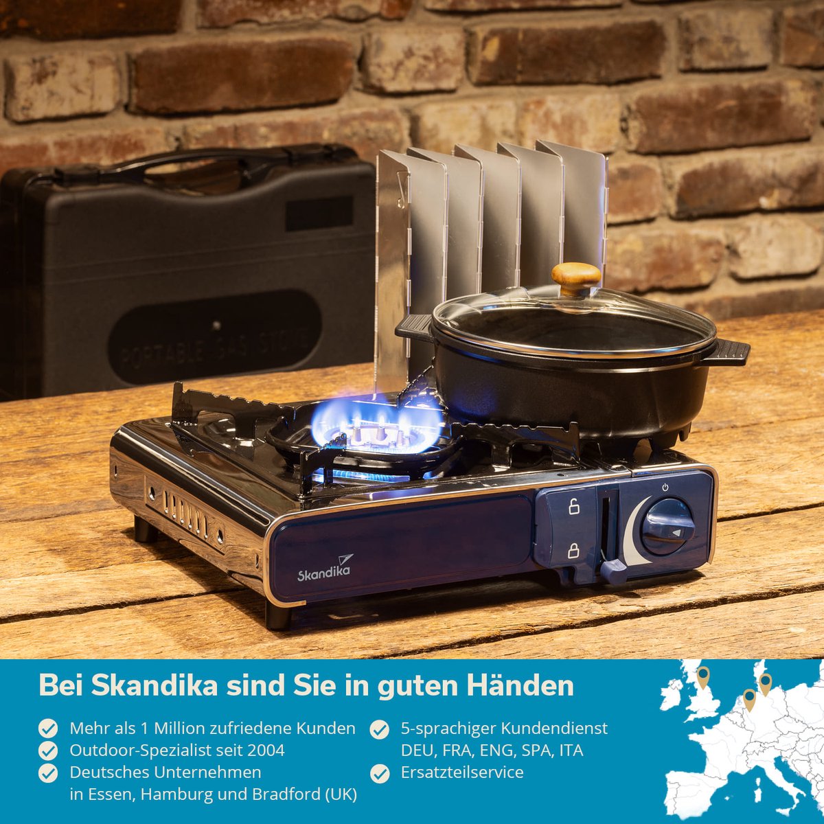 Skandika Brann Gasfornuis, 2-vlammig in set, robuust campingkooktoestel voor gaspatronen MSF-1A 227 g, roestvrij staal, traploos regelbaar, piëzo- aansteker, kunststof koffer, camping grill