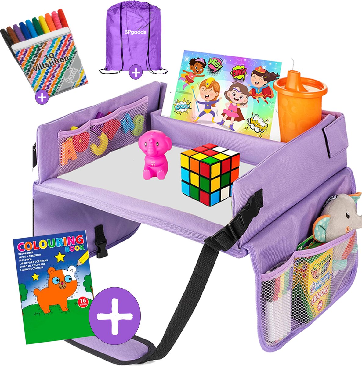 BPgoods® - Reistafel voor kinderen - 2023 - Autotafel - Opvouwbaar - Auto organizer voor kinderen - Speeltafel auto - Tekentafel - Paars - Gratis Kleurboek + 10 Viltstiften