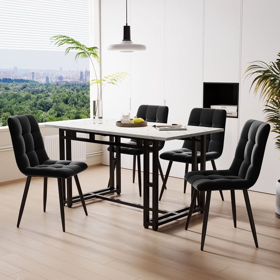Zwarte eettafel met 4 stoelen set 120x70cm- moderne keuken eettafel set-zwart fluwelen eetkamerstoelen-zwarte ijzeren tafel