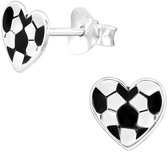 Joy|S - Zilveren voetbal hartje oorbellen - 7 x 6.5 mm - zilver zwart - kinderoorbellen