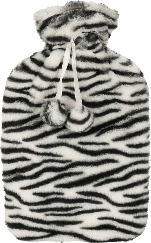 H&S Collection Warmwaterkruik - met zachte dierenprint hoes - wit/zwart - 1,75L - kruik