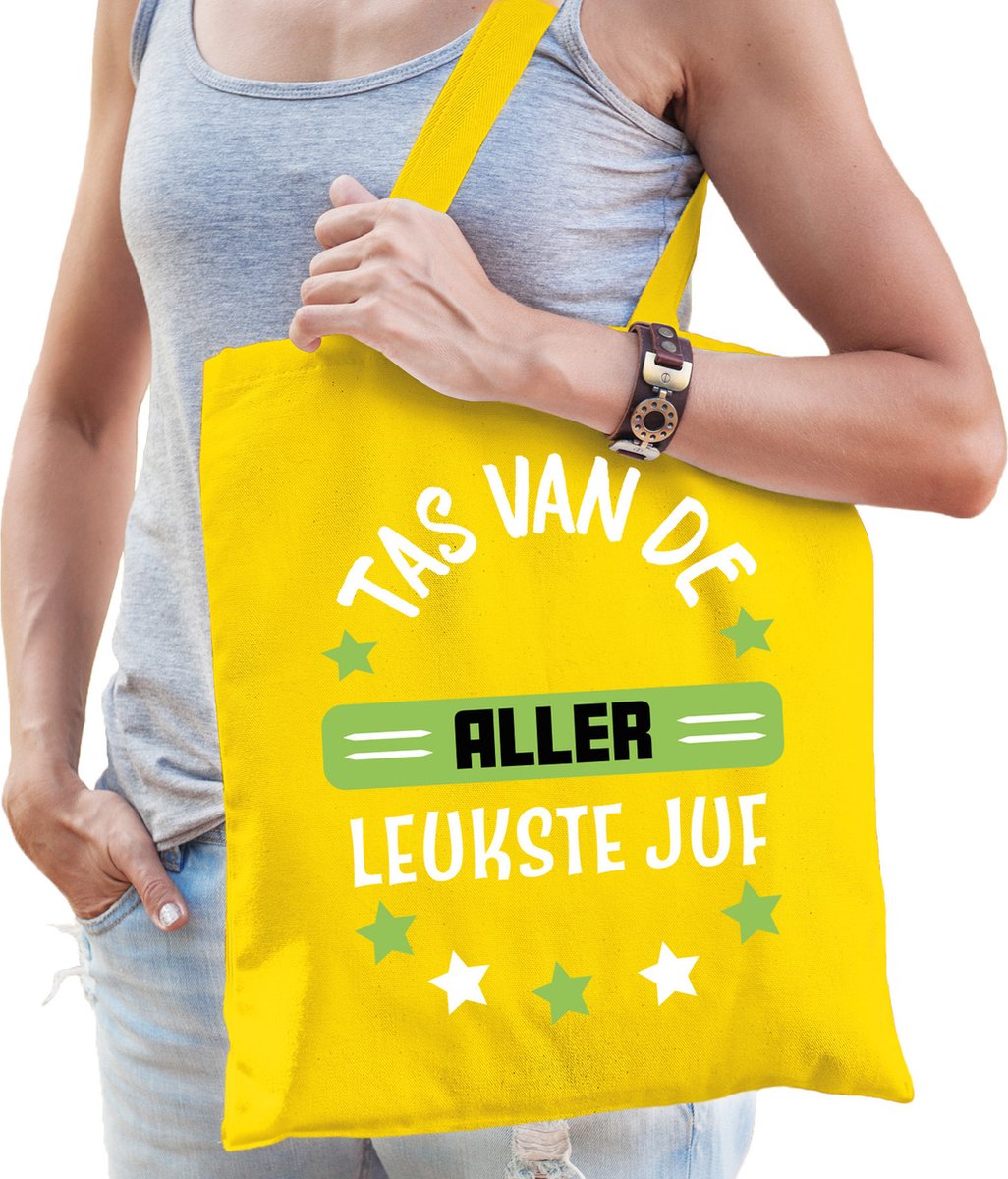 Bellatio Decorations cadeau tas juf - geel/groen - 42 x 38 cm - Tas van de aller leukste juf
