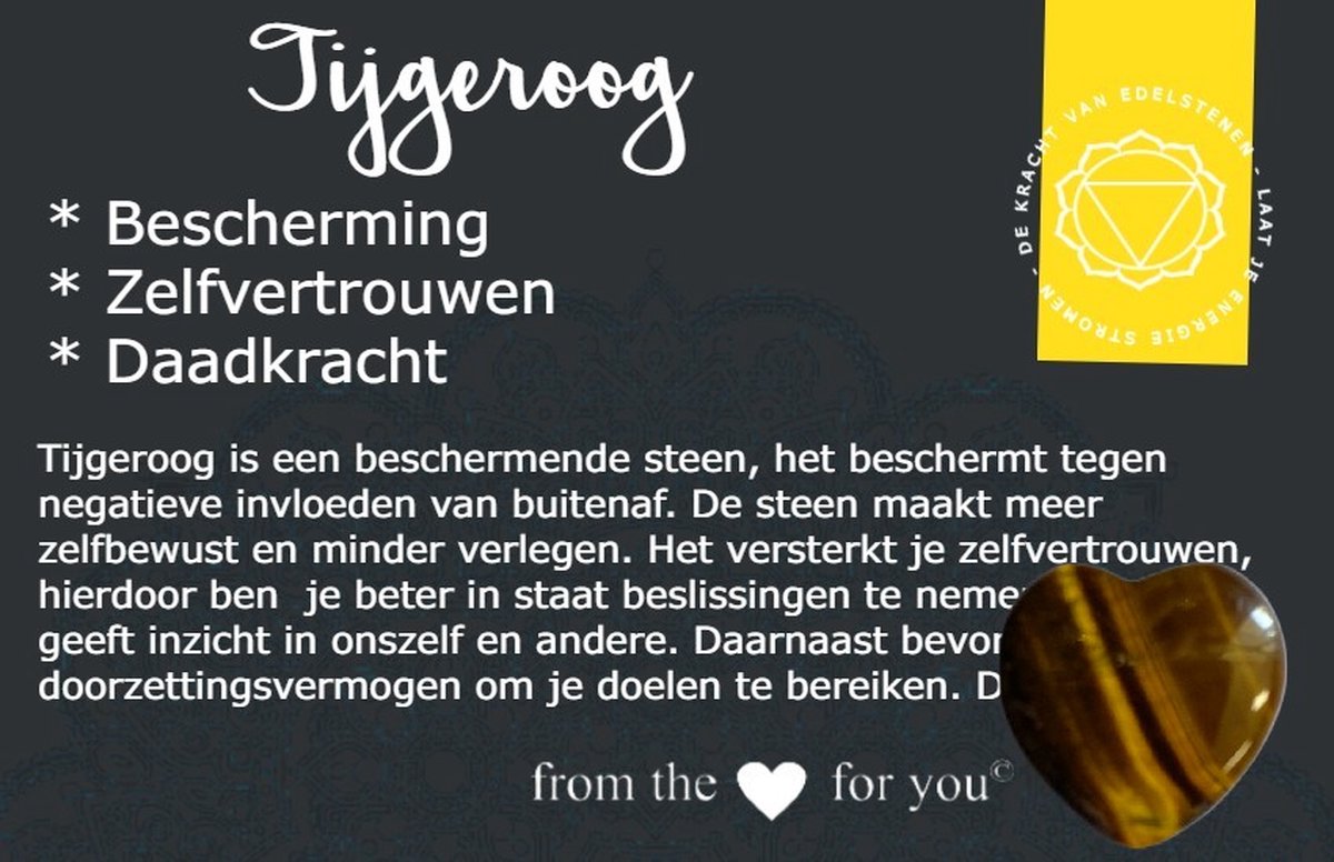 Tijgeroog edelstenen hart - 2cm - zelfvertrouwen/daadkracht - met betekenis kaartje - leuk om cadeau te doen - in cellofaan giftzakje -