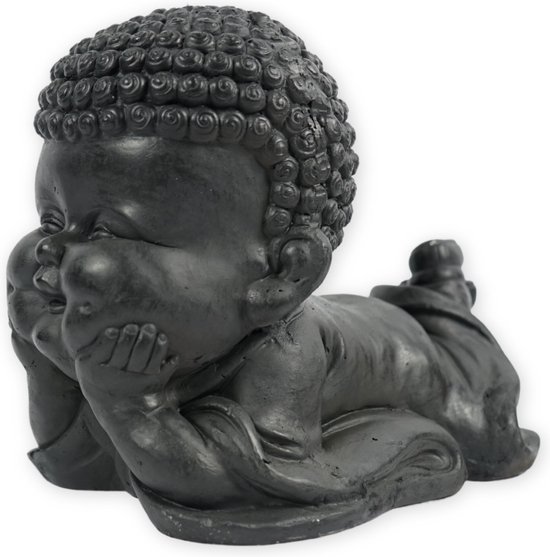 Beeld Boeddha liggend zwart 37 cm - decoratiebeeld - rustgevend beeld - fibreclay beeld - beeld voor in de tuin of in de woonkamer