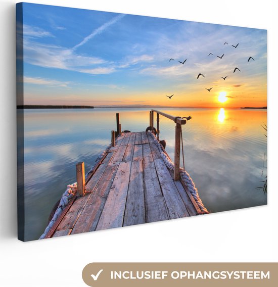 Foto: Canvas schilderij steiger in het water 90x60 kamer decoratie accessoires schilderijen woonkamer natuur wanddecoratie slaapkamer muurdecoratie keuken wanddoek interieur binnen woondecoratie huis woonaccessoires zonsondergang