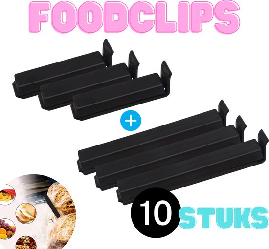 Set van 10 zwarte voedselclips, 5 grote en 5 kleine. "FOODCLIPS 10 STUKS"