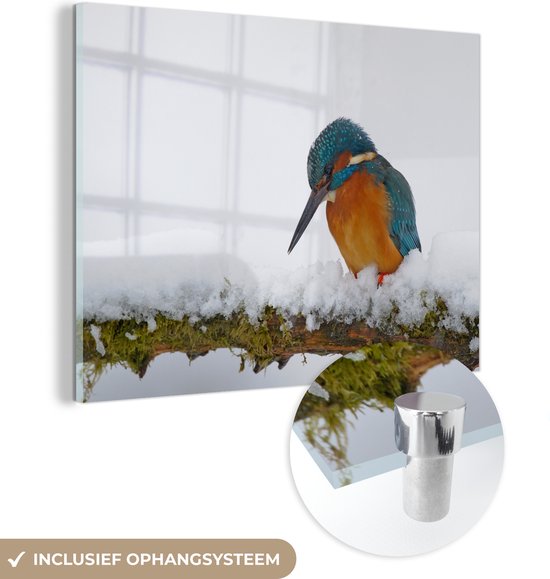 MuchoWow® Glasschilderij 160x120 cm - Schilderij acrylglas - IJsvogel - Sneeuw - Winter - Foto op glas - Schilderijen