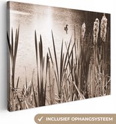 Canvas Schilderij Wilde eend in een vijver sepia fotoprint - 120x90 cm - Wanddecoratie