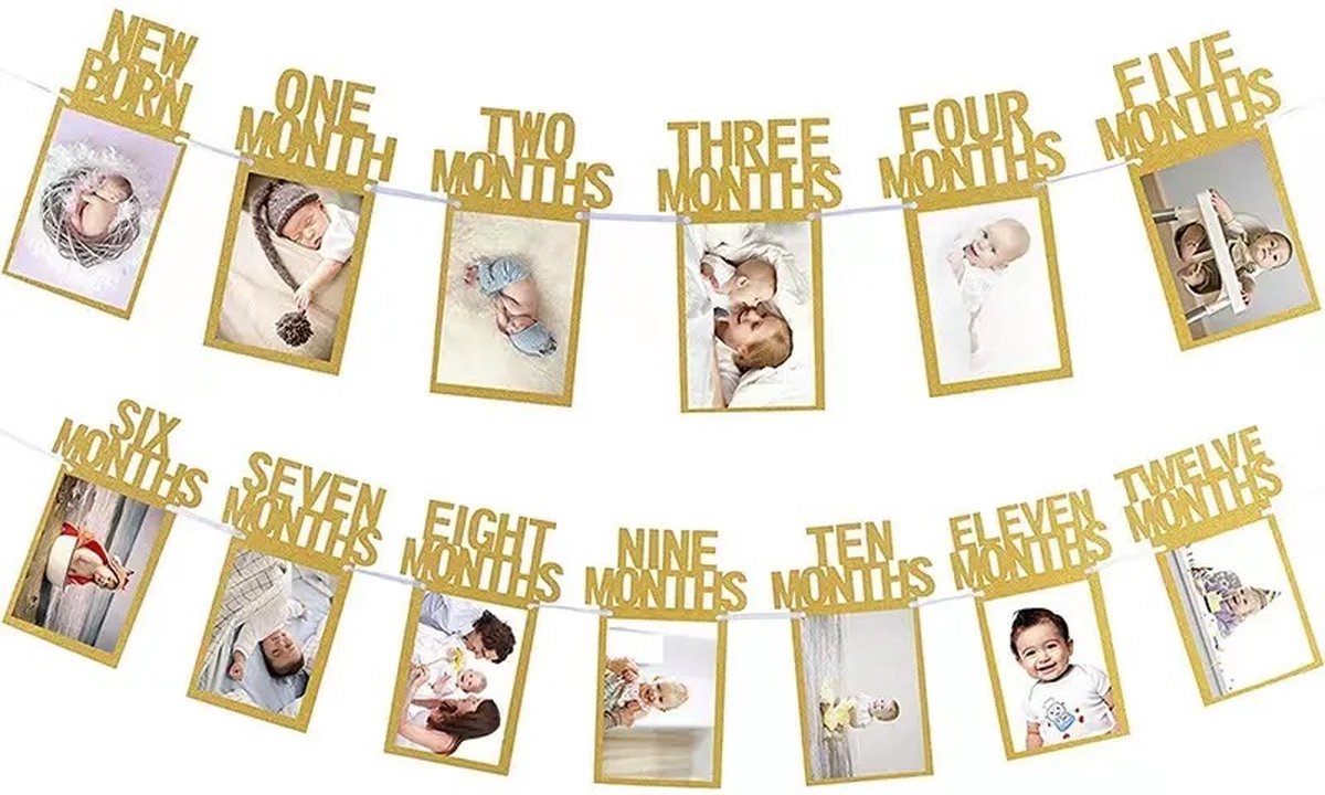 Fotobanner 1e verjaardag voor 1 tot 12 maanden, babyfotoslinger, verjaardagsdecoratie, hangende wanddecoratie voor meisjes en jongens, feestdecoratie, feesten, Duitse kraftpapier, slinger, eerste