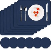 Placemat, afwasbaar, set van 6, placemats, lederlook, kunstleer, waterdicht, pvc, placemats en onderzetters, leren placemats voor thuis, keuken, restaurant, 41 x 31 cm, donkerblauw