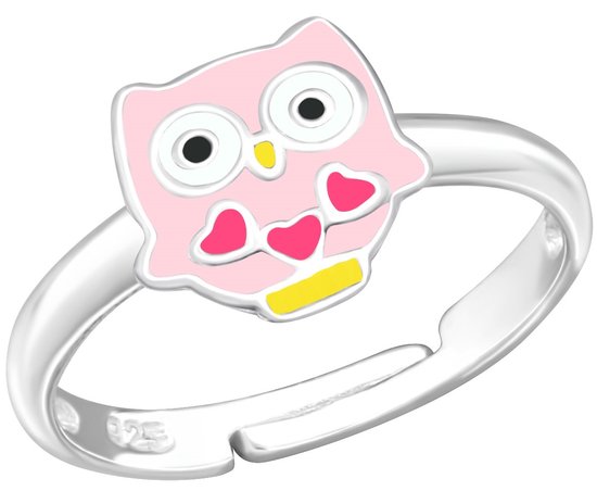 Joy|S - Zilveren uil ring - verstelbaar - roze met hartjes - voor kinderen