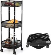 Huhote 4 niveaus, rond, keukenwagen, fruit met wielen, keukenrek, groenterek met wieltjes, fruitwagen, rolwagen, opbergwagen voor keuken, badkamer, woonkamer, kinderkamer (zwart, 4 etages
