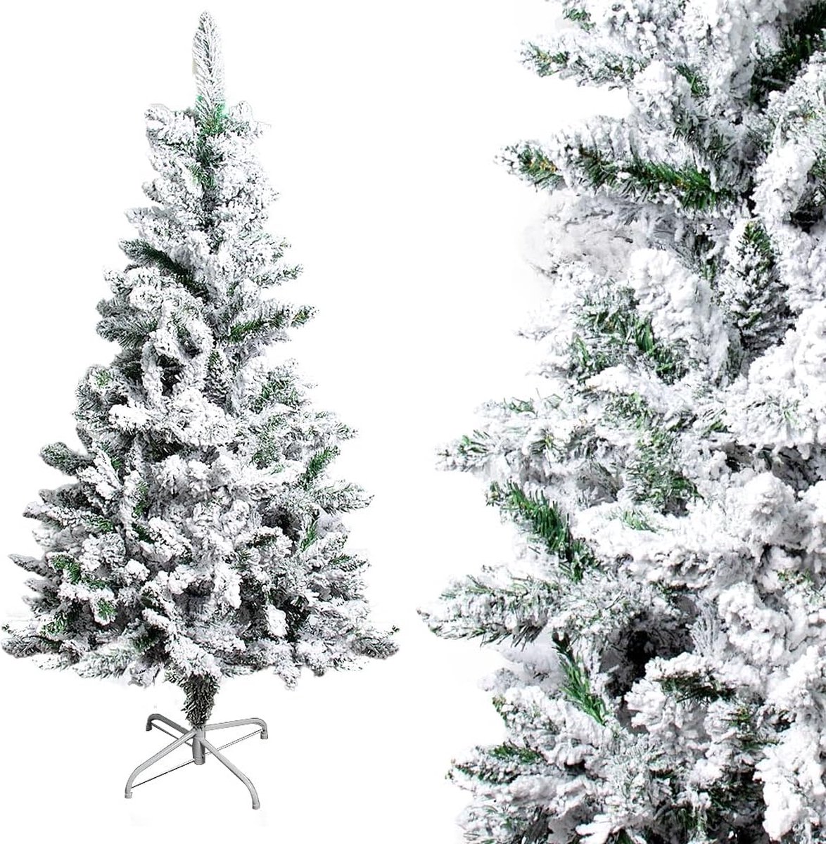 Kunstkerstboom met sneeuw, wit, dik, groen, materiaal pvc, hoogte 150 cm, 328 takken, standaard van metaal, voor tuindecoratie