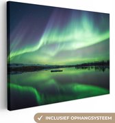 Canvas Schilderij Noorderlicht - Meer - IJsland - Groen - Bos - Sneeuw - 40x30 cm - Wanddecoratie