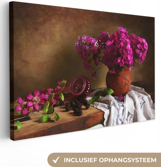 Toile Peinture Rustique - Fleurs - Rose - Vase - Nature Morte - 140x90 cm - Décoration murale