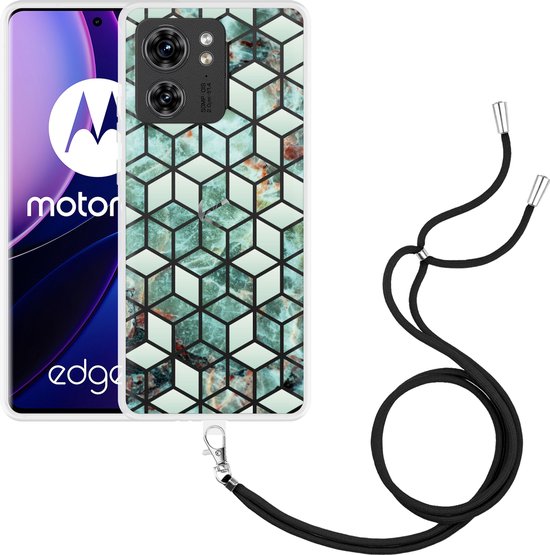 Foto: Cazy hoesje met koord geschikt voor motorola edge 40 groen hexagon marmer