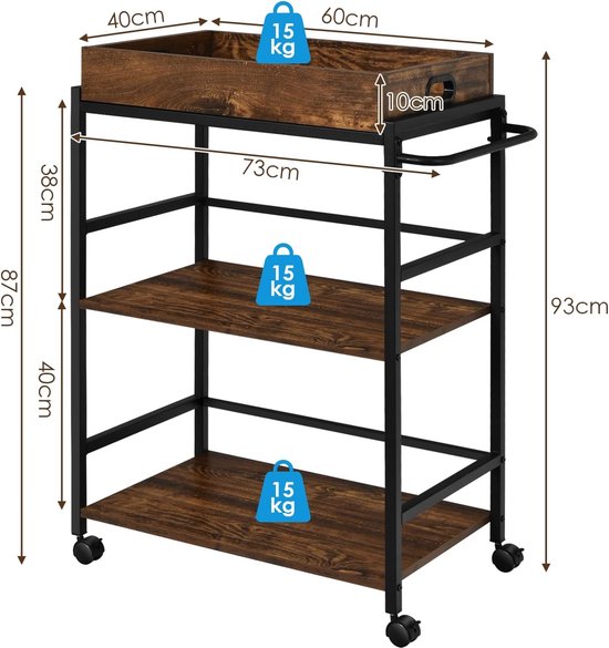 Chariot De Rangement WOLTU 1 Plateau 3 Paniers - Chariot Cuisine Métal MDF Vintage Avec Freins