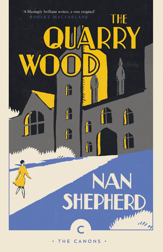 Couverture du livre 'The Quarry Wood' avec texte jaune sur fond sombre, illustration d'un bâtiment aux accents jaunes et une femme en robe jaune.