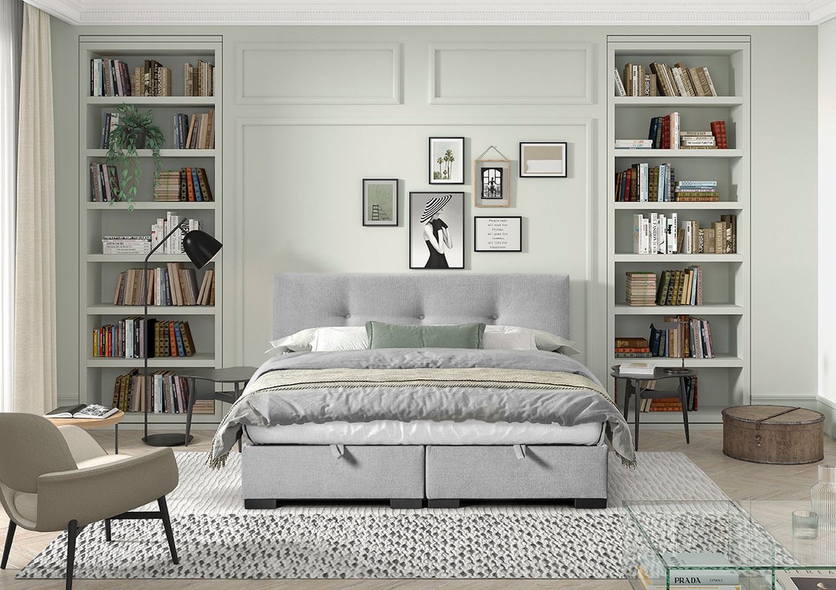 Storage Boxspring 90x200 Ashgrey Stof -Made in Belgium- met Opbergruimte