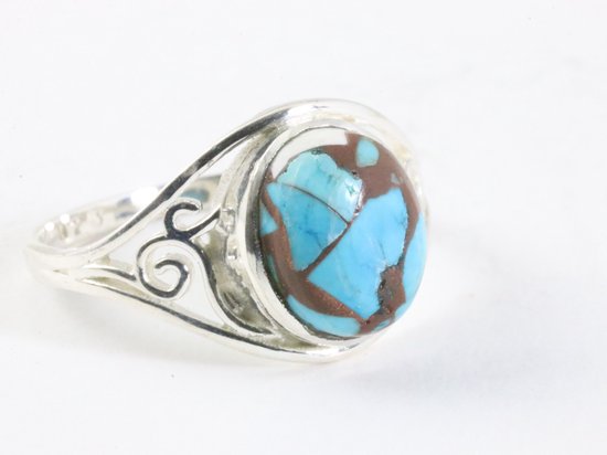 Opengewerkte zilveren ring met blauwe turkoois - maat 19