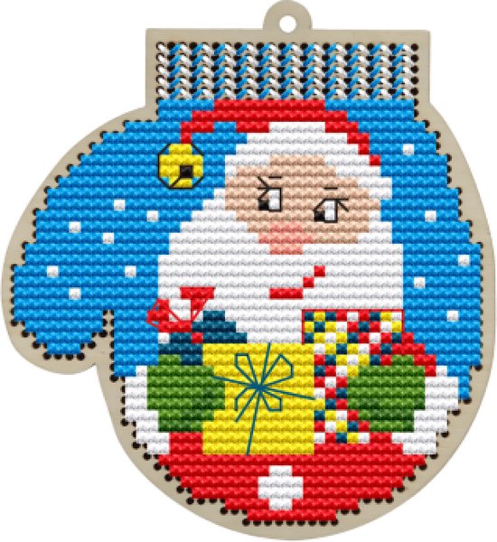 Borduurpakket op hout - Kerstboomhanger Mitten Santa - Handschoen Kerstman - Kind Fox